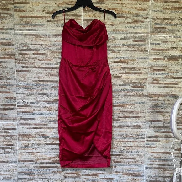 Bardot Strapless Burgundy Dress - Picture 1 of 8
